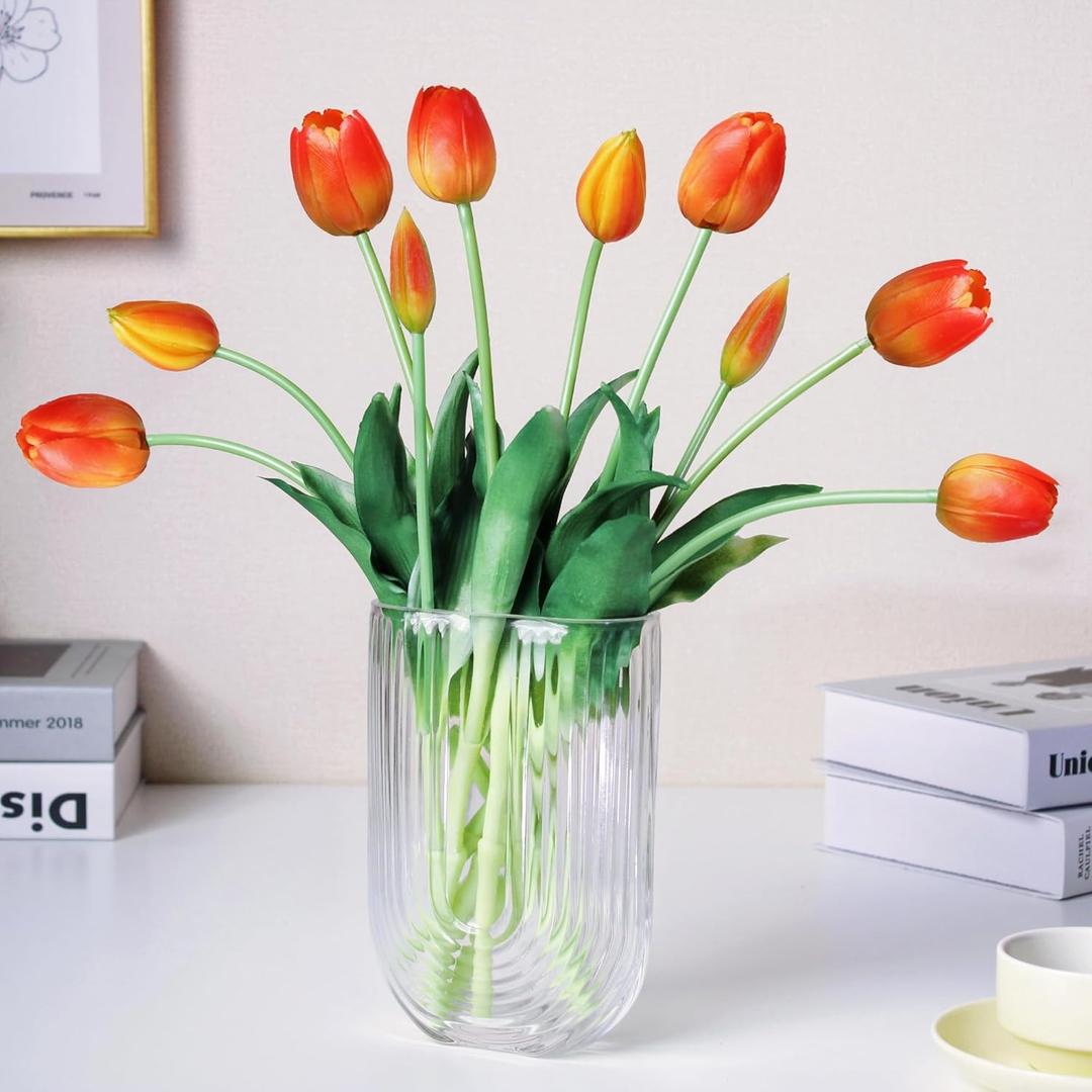 16-inch Premium Real Touch Fake Tulips Artificial Flowers with Buds, Flexible Stem Easy to Shape, Faux Tulips for Home Decor Indoor (Vase not Included), 10-Pack Set of Sunset Orange