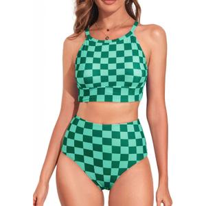 Herseas Women's Bikini Sets High Neck Tropical Leaf Print High Waisted Two Pieces Swimsuits Bathing Suits (Large, Green Checkerboard)