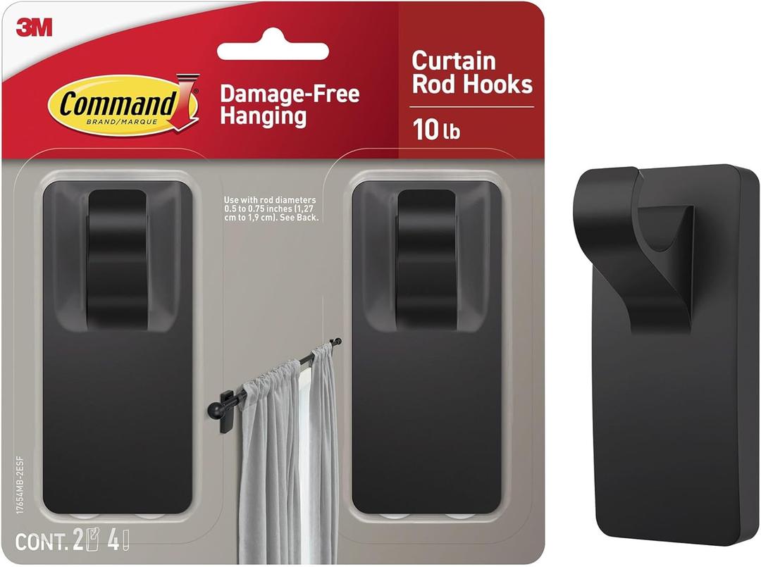 Command 10 lb Matte Black Curtain Rod Hooks, 2 Hooks and 4 Strips, No Drilling Home Decor and Room Decor, Use with Rod Diameters 0.5-0.75" | 10 lb, 4 Command Strips, Damage Free, Curtain Rods Hangers, Home and Room Decor