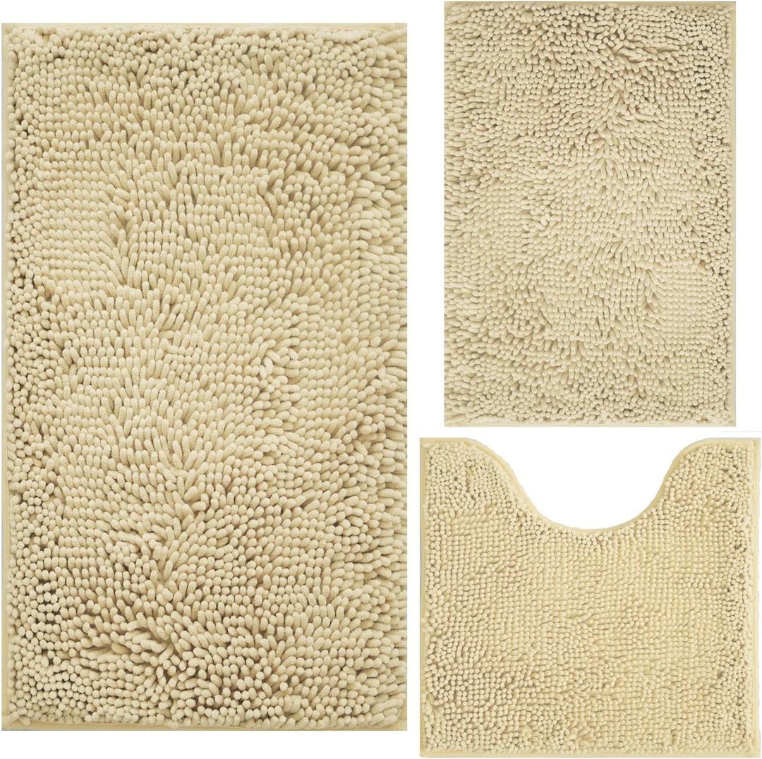 Bath Rugs Chenille 3-Piece Extra Soft and Absorbent Shag Beige Bathroom Rugs, Machine Wash Mat, Strong PVC Non-Slip Underside, Plush Carpet Mats (Beige)
