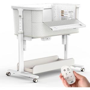 Electric Rocking Bassinet for Baby 3 Speeds Automatic Bedside Sleeper Auto Rolling Newborn Cradle Rocks Itself 5 Height Adjustable with Music, Wheels, Storage, Grey & White