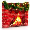 24.4 x 19.7 Inch Christmas Fireplace Decoration Set Included 3D Red Brick Stand-Up- Fake Cardboard Fireplace, 9.8ft Green Garland, LED String Light, Red Bows for Christmas Decor