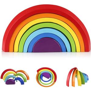Coogam Wooden Rainbow Stacker Nesting Puzzle Blocks - Tunnel Stacking Game Building Creative Color Shape Matching Jigsaw Learning Toy Set Board Early Development for Kids Boy Girl