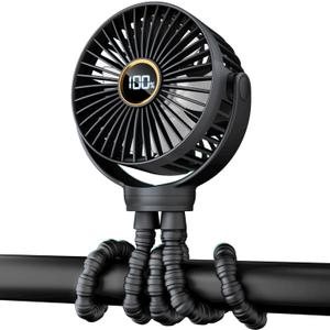 Portable Stroller Mini Fan, Small Rechargeable Personal Fan, Baby Travel Essentials for Wagon, Car Seat, Treadmill, Battery Powered Biking Gear Accessories, 360 Rotation, 3-Speed, Display, Black