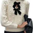 MakeMeChic Women's Bow Crew Neck Sweater Long Sleeve Pom Pom Cute Pullover Tops (Large, Apricot)