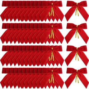 48 Pcs Red Velvet Bows for Christmas Tree, Red Bow Velvet Christmas Tree Bows Ornaments for Gift Wrapping Door Vintage Garland Wreath,Rustic Holiday Decor 1" Wide,3.5 x 3.5 Inch