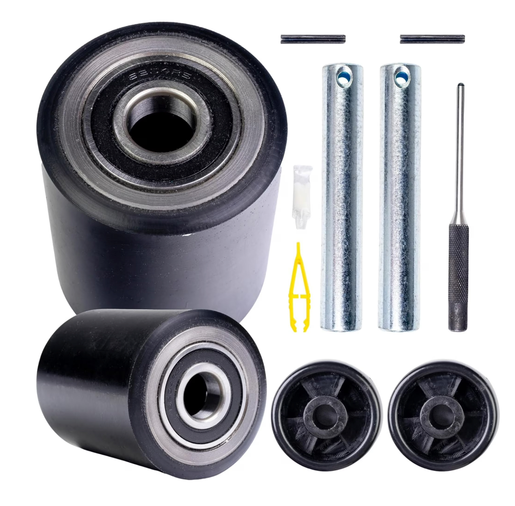 Pallet Jack/Truck Load Wheels Full Set with Axles and Entry Exit Roller 3" x 3.75" with Bearings ID 20mm Poly Tread Black