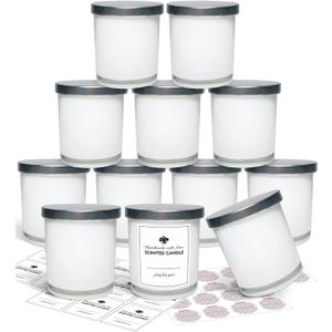 12 Pack 10oz Glass Candle Jars with Lids and Sticky Labels, Empty Candle Jars for Making Candles Bulk Containers(Inner White)