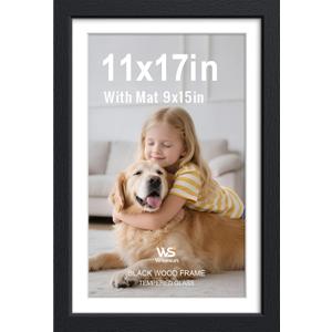 11x17 Picture Frame, Black Wood with Real Glass, 9x15 Mat, 1 Pack