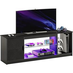 Bestier LED Entertainment Center for PS5, Gaming TV Stand with Cabinet 55/65 Inch TV, Modern TV Console with Adjustable Glass Shelf Living Room Bedroom, Black Carbon Fiber 57"