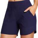 baleaf Women's 3"/5"/7"/9" High Waisted Swim Board Shorts Quick Dry Swimsuits Bottoms Trunks with Pockets (Large, Dark Blue)
