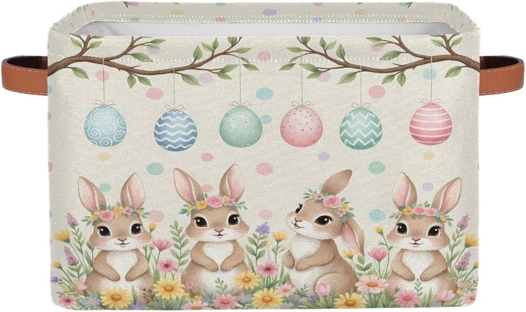 Easter Bunny Storage Baskets - Cute Spring Rabbit Eggs Large Collapsible Rectangle Shelf Closet Organizer Bins for Kids Clothes, Book, Toys, Bedroom, Bathroom, Nursery Decor, Gift Basket