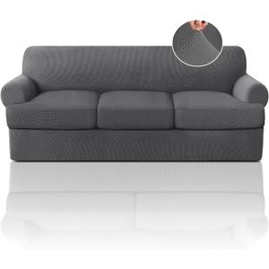 PrinceDeco T Cushion Sofa Slipcover 4 Pieces Sofa Covers for T Cushion Couch Soft Sofa Slip Covers Furniture Protector with 3 Individual T Shape Seat Covers (70"-88") Washable, Grey