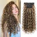 REECHO Curly Clip in Hair Extensions, 4PCS 24 inch Long Hair Extensions Clip ins Lace Weft Natural Hairpieces for Women Daily, Chocolate Brown with Highlights