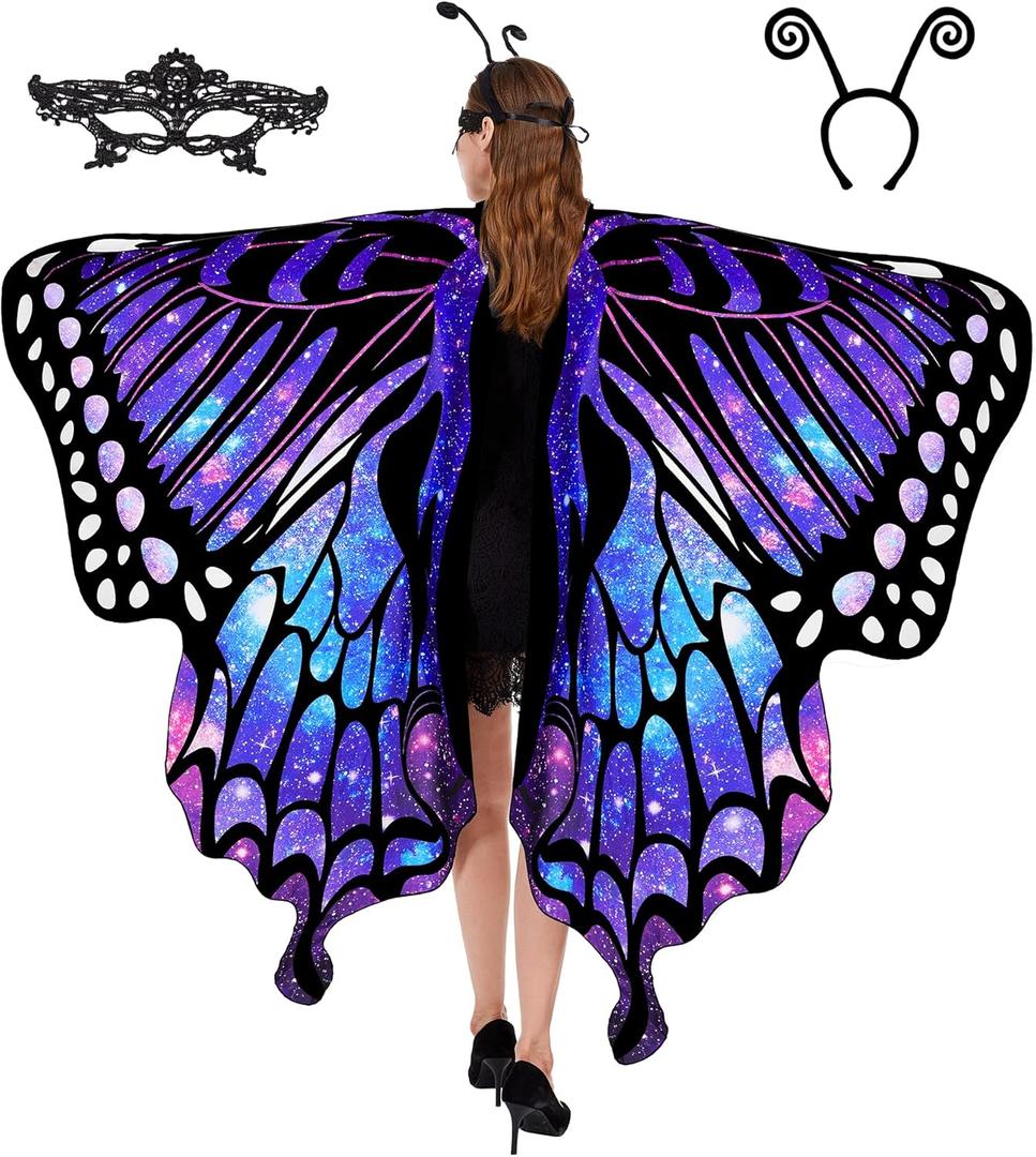 Tibeha Halloween Butterfly Costume for Women - Adult Wings Cape Shawl with Lace Mask and Antenna Headband (Purple-5020)