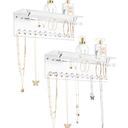 Mymazn 2 Pack Acrylic Necklace Holder with Shelf, 12 Diamond Shape Hooks and Removable Bracelet Rod, Wall Mounted Jewelry Organizer Hanging Rack Clear Jewelry Hangers