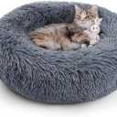 rabbitgoo Calming Cat Beds for Indoor Cats, 20 inches, Dark Grey | Soft Warm Donut, Fluffy Faux Fur, Supportive Raised Rim, Anti-slip, Machine Washable, Up to 15lbs Kittens & Small Cats Dark Grey Size: 20"L x 20"W x 5.7"Th