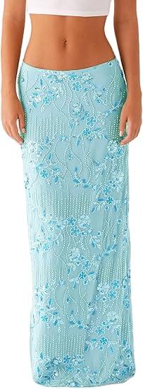 Women Y2k Sequin Long Skirt Sparkly Beaded Floral Maxi Skirt Rhinestone Glitter Midi Skirts Streetwear, Blue
