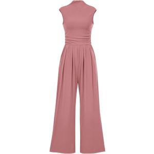 KIRUNDO Womens Jumpsuit Dressy Casual Summer Outfits One Piece Cap Sleeve Mock Neck Wide Leg Pants Rompers with Pockets (M)