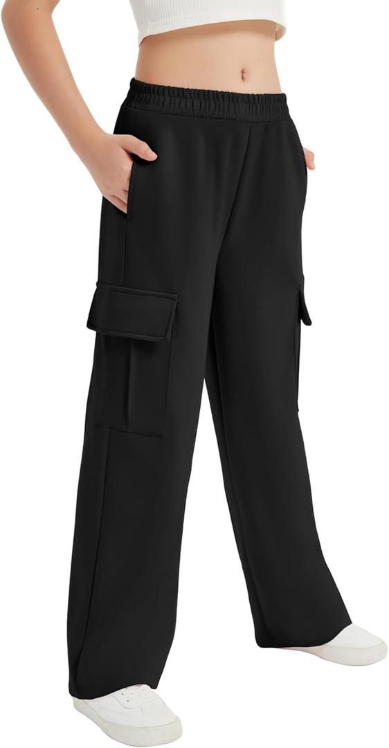 EXARUS Girls Sweatpants with Cargo Pockets Elastic Waistband Wide Leg Causal Kids High Waisted Pants (8 Years, Black)