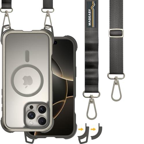 MAGEASY Designed for iPhone 16 Pro Max Case with Strap - 20ft Drop Protection Compatible with MagSafe, Transformable 2-in-1 Protective & Lanyard Case, Aluminum Frame | Odyssey Strap M (Titanium)