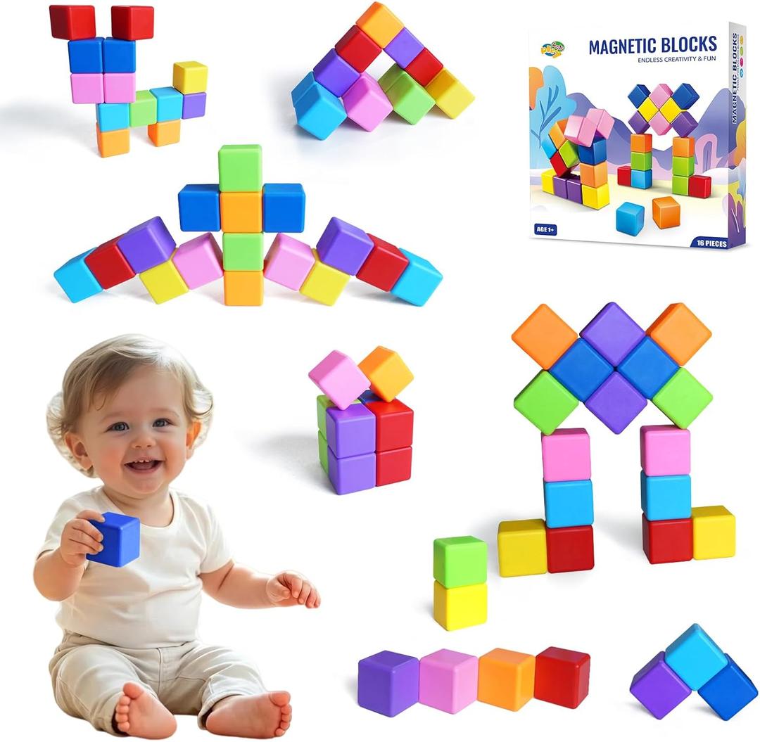 Large Magnetic Building Blocks, 8 Colors 1.65 Inch Magnetic Blocks for Toddlers 1-3, Magnet Cubes Sensory Stacking Learning Toys, Birthday Gifts for Boys and Girls, 16PCS
