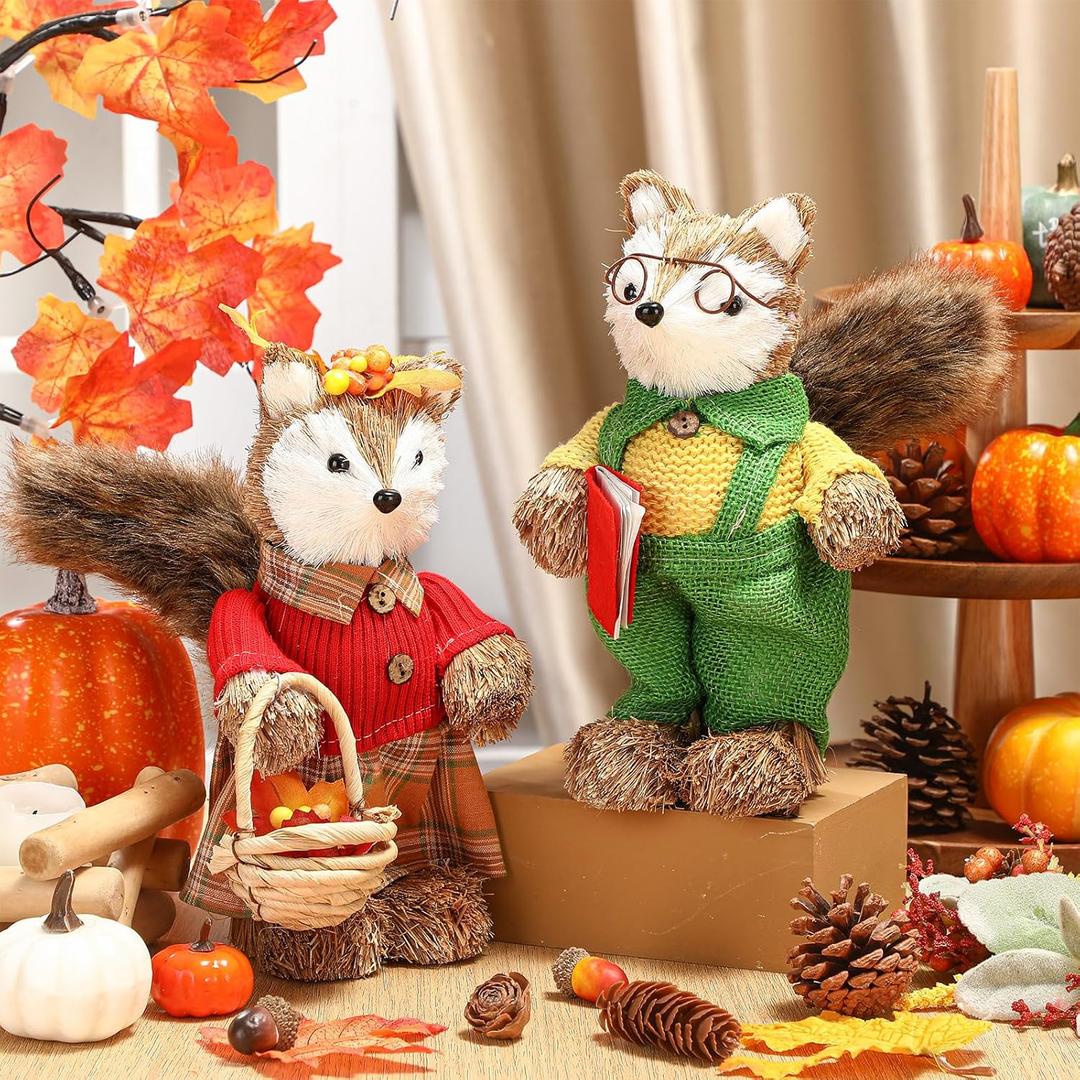 Namalu 2 Pack Fox Sisal Christmas Tabletop Decoration Sisal Figurine Christmas Table Centerpiece Decor Cute Handmade Woodland Animal Statue for Harvest Home Office Indoor Shelf Decor