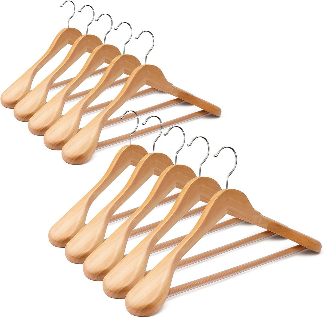 Uinicor Wooden Suit Hangers 10 Pack - Heavy Duty Wide Shoulder Hangers With Non Slip Pants Holder for Men, Women, Coats, Jackets (Natural)
