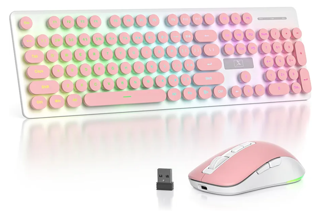 Backlit Pink Keyboard and Mouse Wireless, 2.4GHz Light Up Typewriter Rechargeable Quiet Keyboard Cordless with USB Receiver for PC/Laptop(Pink)