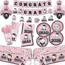 Pink Graduation Decorations, 249Pcs Graduation Party Tableware Supplies with Disposable Plates Napkins Cups Tablecloth and Congrats Grad Banner for Class of 2026 Party Decorations, Serves 24
