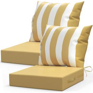 LAGRATY Outdoor Chair Cushions for Patio Furniture24" x 24" Deep Seat Cushions with Backrest for Couch Sofa Chair - Waterproof Fade-Resistant Patio Cushion (Set of 2,Khaki and White)