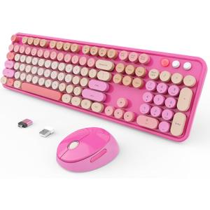 Wireless Keyboard and Mouse Combo, Ergonomic Full Size Typewriter Retro Round Keycaps Keyboard, Compatible with Windows, PC, Perfer for Home and Office Keyboards Red