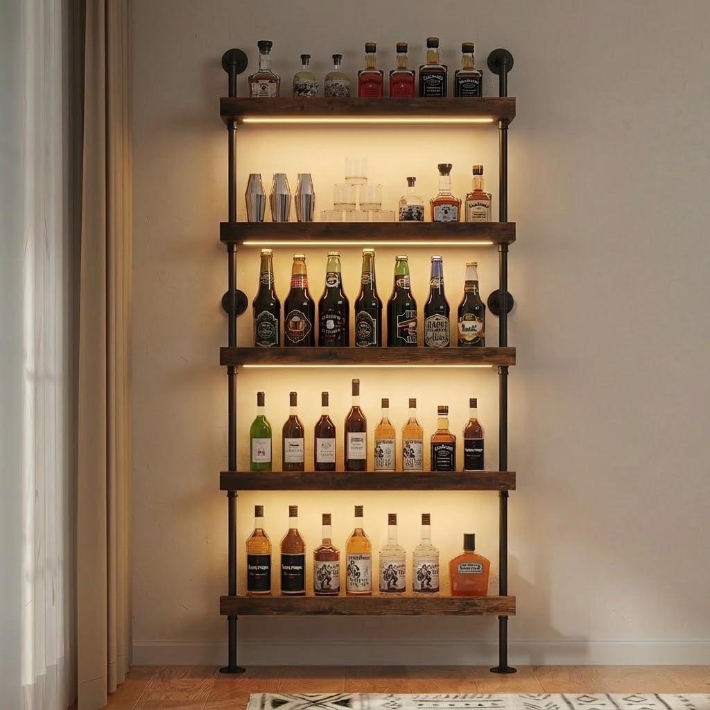5-Tier Wall Mounted Wine Rack with LED, Industrial Pipe Bar Shelf for Wine Bottle Storage, Industrial Pipe Shelves Shelf Shelving for Home Bar Dining Room Kitchen (31.5INCH-LED), 31.5" W x 79" H