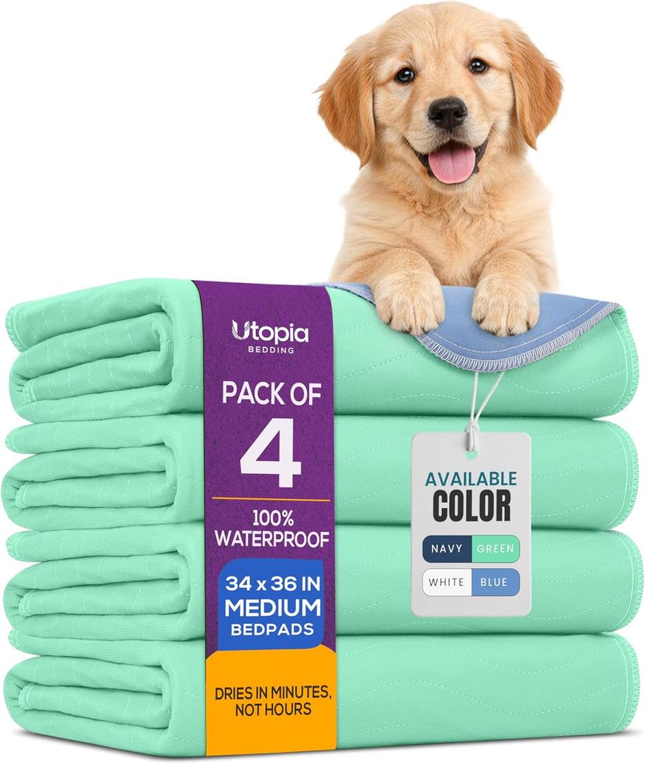 Utopia Bedding Washable Pee Pads for Dogs 34" x 36" (Pack of 4), Waterproof Incontinence Bed Pads for Adults, Elderly and Kids, Heavy Absorbency Pet Training Pads for Sofa and Couch (Green, Blue)