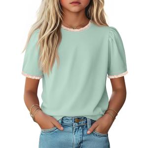 Girls Lace Lettuce Trim Shirt | 5-14Y, Teen Top, Puff Short Sleeve, Kids Tween, Boho Summer Clothes, Cute, Soft, Lightweight, Casual, Comfortable (Green)