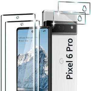 [2+2 Pack Pixel 6 Pro Screen Protector with Camera Lens Protector, 9H Tempered Glass, 3D Curved Full Coverage, HD Clear for Google Pixel 6 Pro 5G Glass Screen Protector