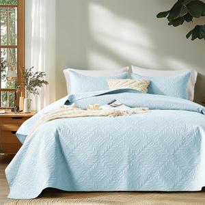 FLYMME Quilts Queen Size,Lightweight Sky Blue Bedspreads, Vintage Olive Leaf Pattern,Ultra Soft Microfiber Bed Coverlet 3 Pieces for All-Seasons (1 Quilt,2 Shams) (Full/Queen(90"x96"))