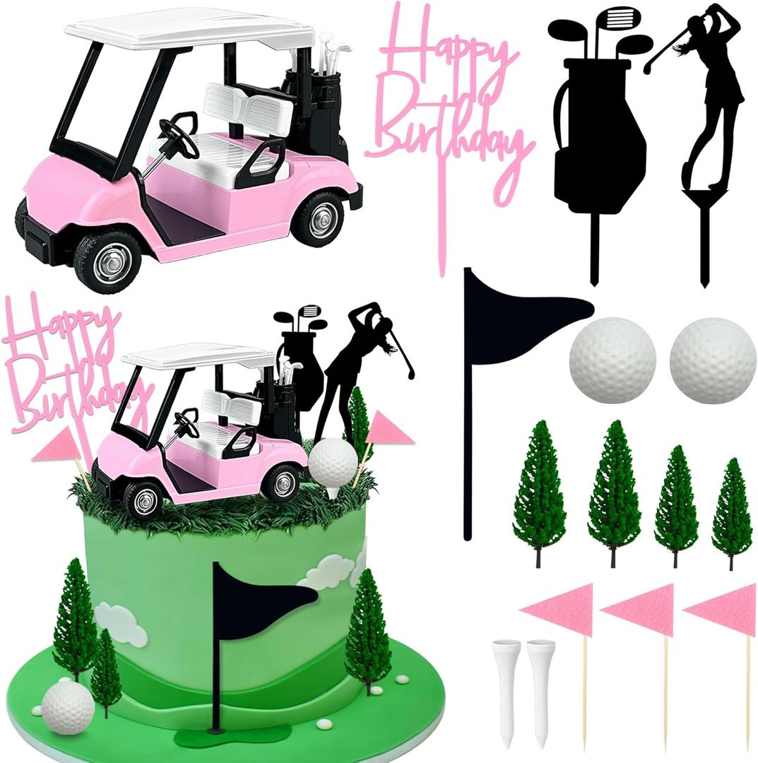2026 New Golf Cake Decorations Golf Cart Cake Toppers Heading for The Pink Cake Topper with Cart Flag White Ball for Theme Party Supplies (Pink)