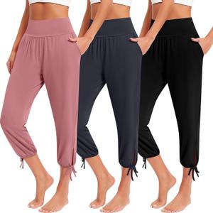 3 Pcs Women Capri Yoga Pant Casual Loose Workout Pant Lightweight Cropped Running Jogger Lounge Capri with Pocket (Small, Black, Dark Gray, Pink)