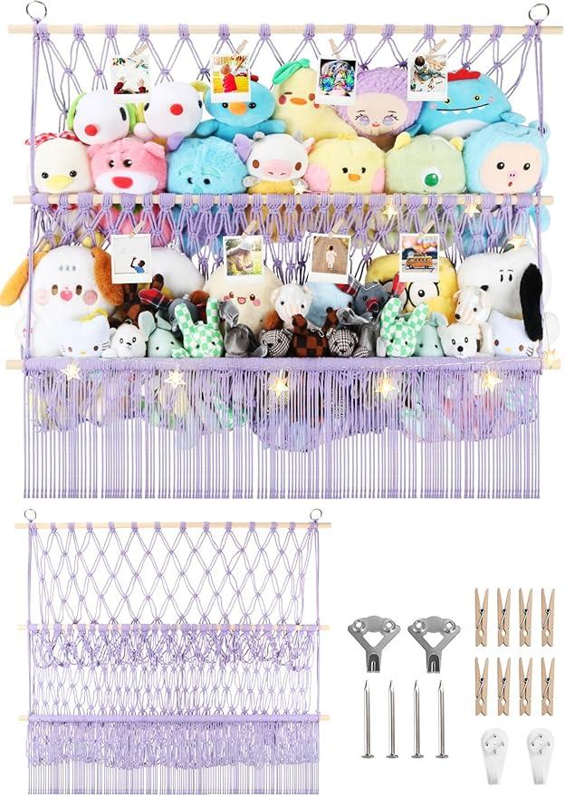 2 Tier Stuffed Animal Storage Shelf Net 35x30'' Large Stuffy Storage Purple | 2.4/1'' Dense Mesh for Mini Medium Plush Teddy,Boho Macrame Stuffed Animal Holder Display w/ Lights & Clips for Nursery Decor