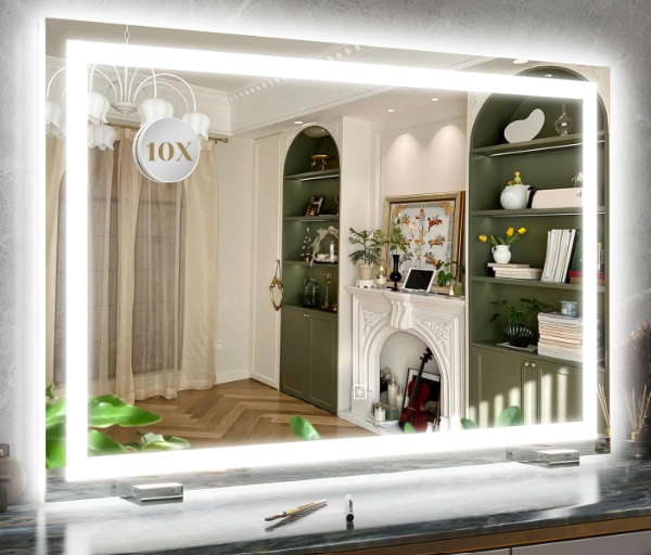 ROLOVE 32 x 22 inch Large Lighted Vanity Mirror with 3 Modes Dimmable LED Makeup Mirror for Bathroom and Dressing Room, Table or Wall, 10X Magnification, White