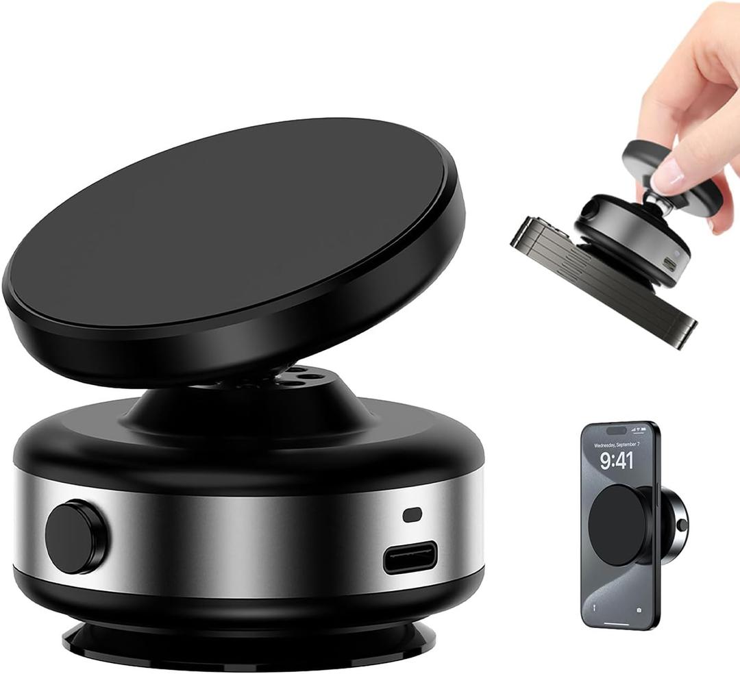 360 Rotatable Car Magnetic Phone Holder,Electric Vacuum Car Mount,Suction Cup Phone Mount Suitable for Flat Surfaces,Compatible with Magsafe iPhone, Silver