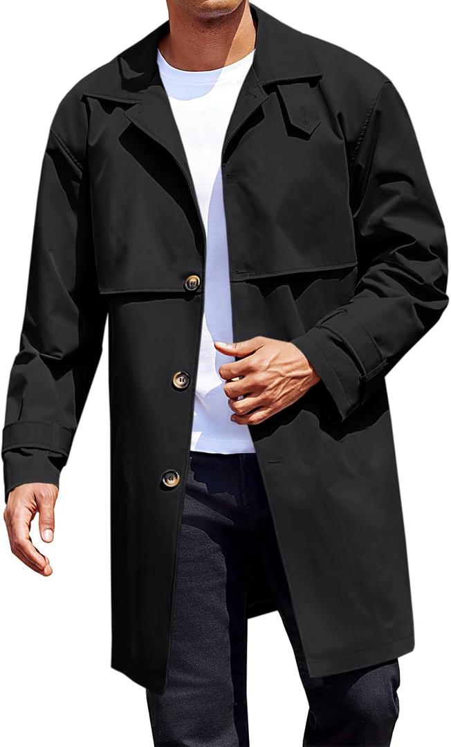 Runcati Mens Trench Coat Single Breasted Slim Fit Mid Long Jackets Casual Fall Windbreaker Overcoat (X-Large, Black)