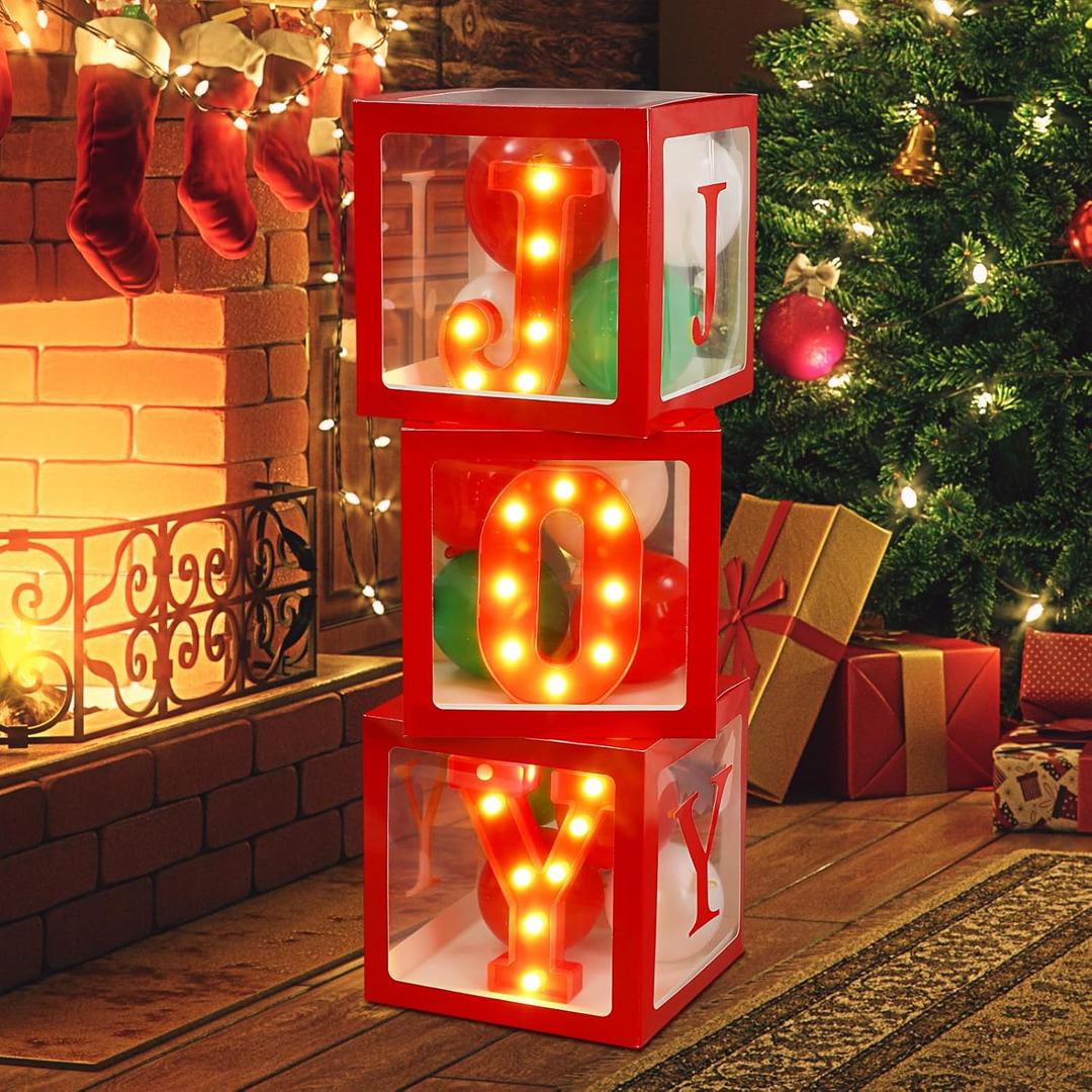 Light Up Christmas Decorations Indoor 3 Large Red Transparent Joy Box with 3 LED 7.9 Inches Marquee Light Up Joy Letters Lights Sign Holiday Fireplace Christmas Decorations for Home