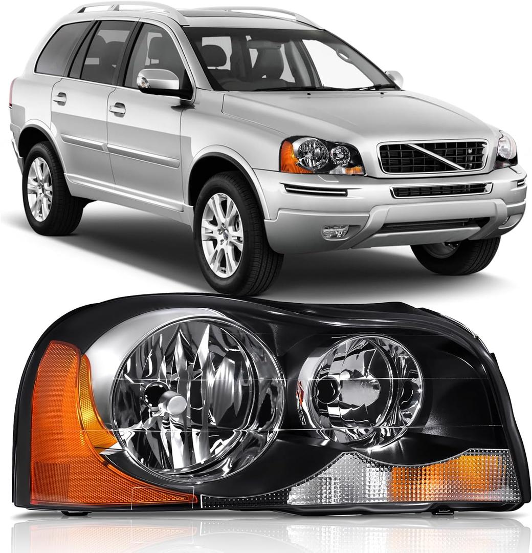 Headlights Assembly Pair for 2003-2014 Volvo XC90 Halogen Headlamps Head Lights Replacement Passenger Side, NOT Including Bulbs Black Housing with Clear Reflector