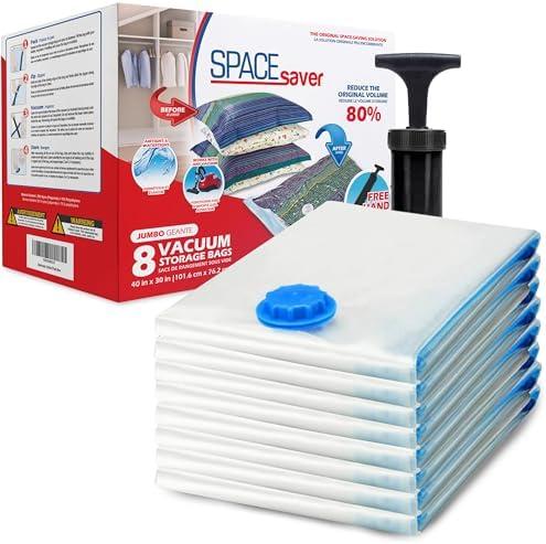 Spacesaver 8 Pack Jumbo Vacuum Storage Bags for Blankets & Clothes – Jumbo Vacuum Sealed Compression Bags with Hand Pump – Space Saver Storage Bags for Bedding, Moving, Travel & Organization