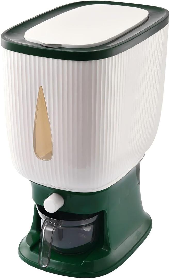 rice dispenser 22-pound, kitchen pantry household sealed moisture-proof measuring cup rice storage container, suitable for kitchen storage room organization - 1 piece - green, Large