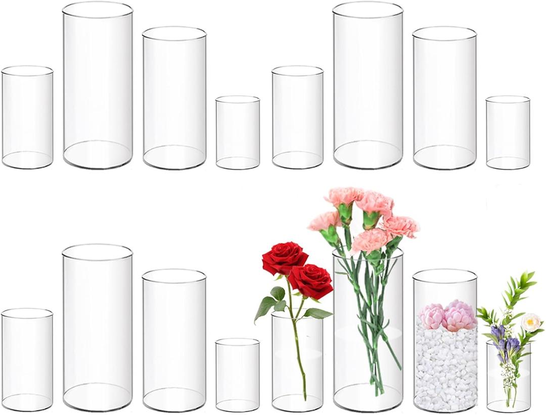 12 Pack Plastic Cylinder Vases, 4 6 8 10 Inch Tall Acrylic Cylinder Clear Flower Vase Set Bulk Glass Like Large Round Plastic Vases for Centerpiece Wedding Home Office (12)