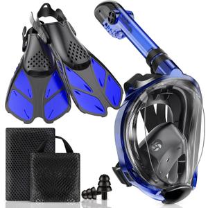 Viginsul Mask Fins Snorkeling Gear for Adults, Full Face Snorkel Mask & Adjustable Swim Fins Snorkel Set, Panoramic View Snorkel Mask Dry Top Anti-Fog Anti-Leak