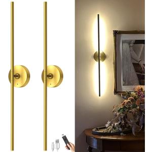 Battery Operated Wall Sconce Set of Two: Gold Wireless Rechargeable Wall Light with 10000mAh Detachable Battery and Remote, 360 Rotatable Scone Wall Decor for Bedroom Hallway Bathroom, 31.5inch